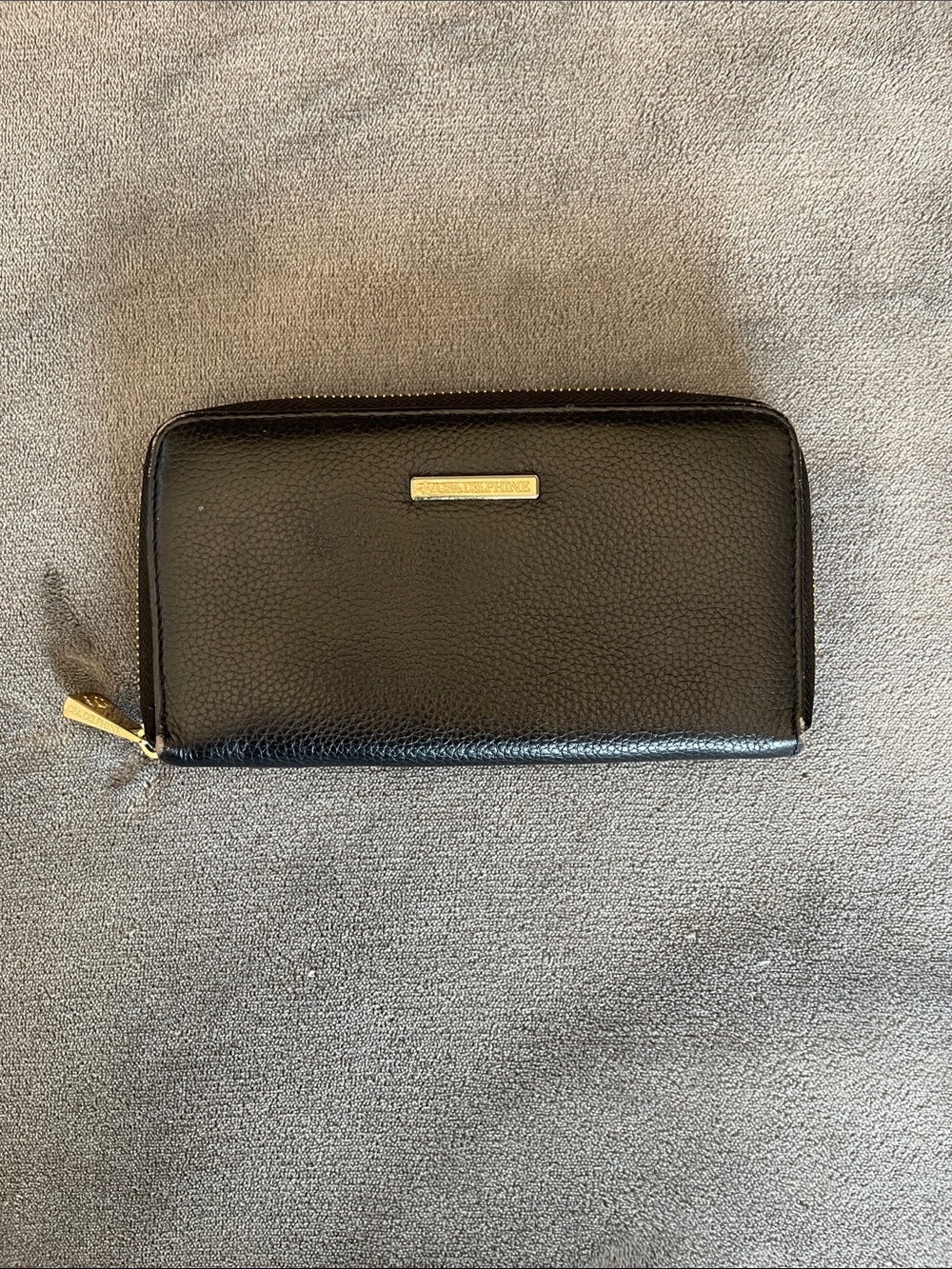 Black Pebbled Leather Zip Wallet with Gold Hardware